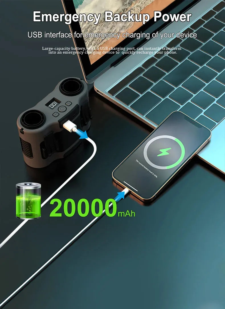 Grey waist-hung portable personal cooling fan shown with a neck lanyard.