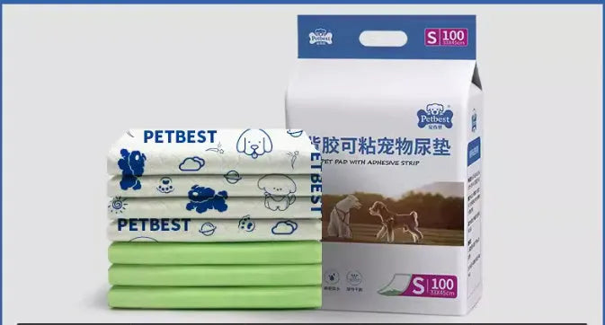 Pack of thickened absorbent dog urine pads showing size options and variant types like bamboo charcoal and lemon scent.