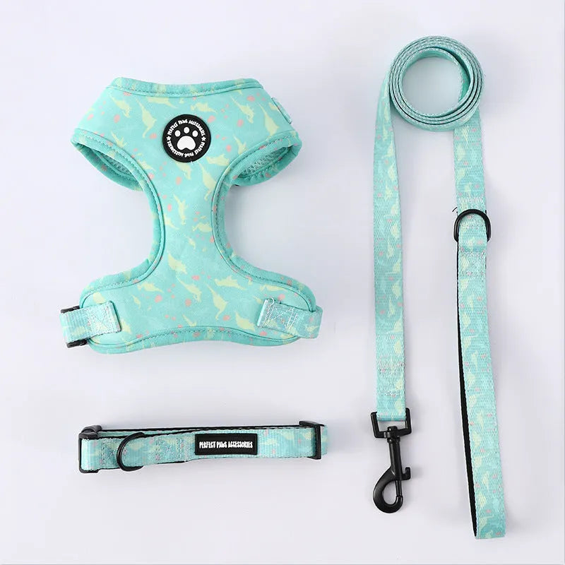 Pattern dog breast strap set with adjustable leash and collar in light purple, made from polyester
