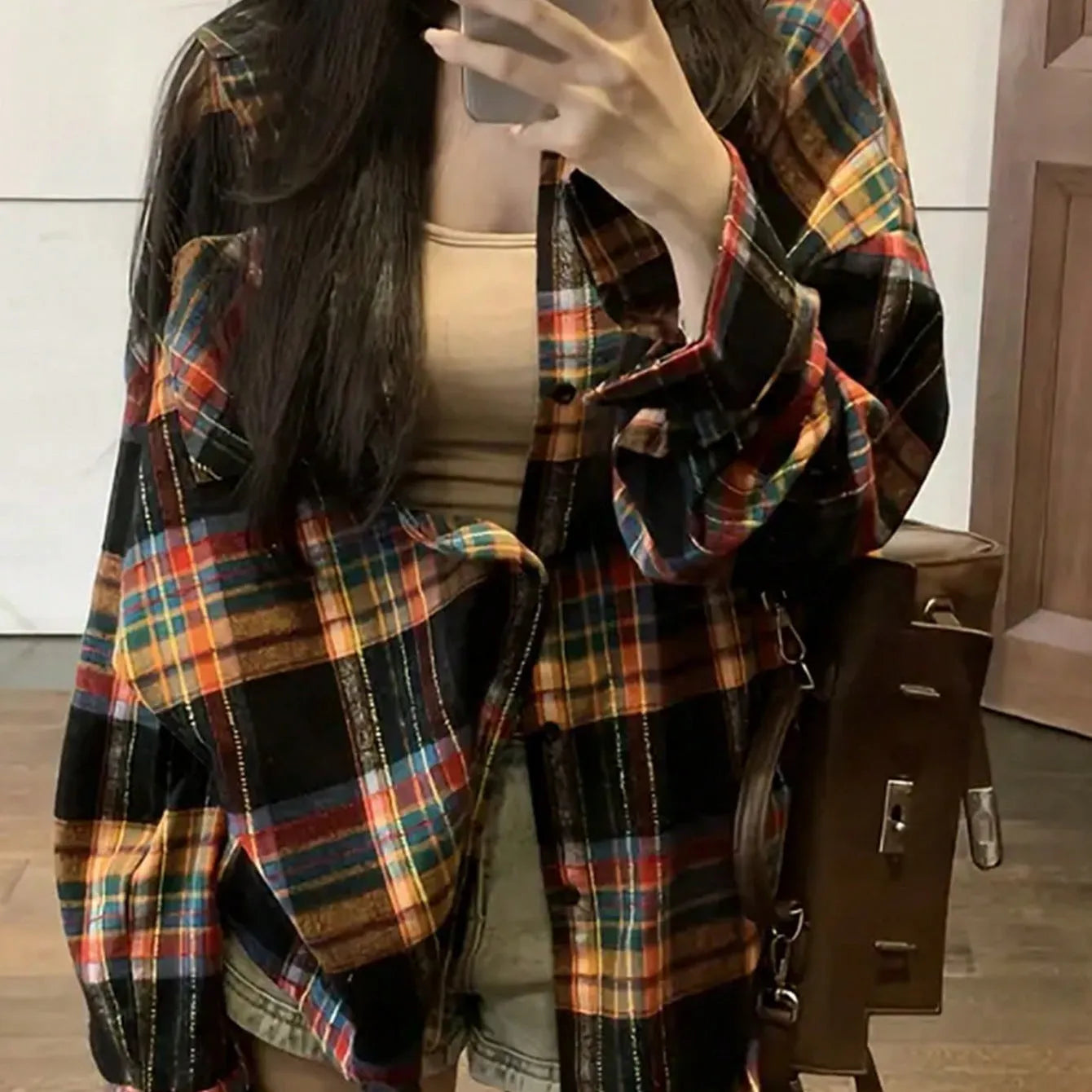 Women's loose fit retro plaid cotton shirt with long sleeves and button front in black green purple colours