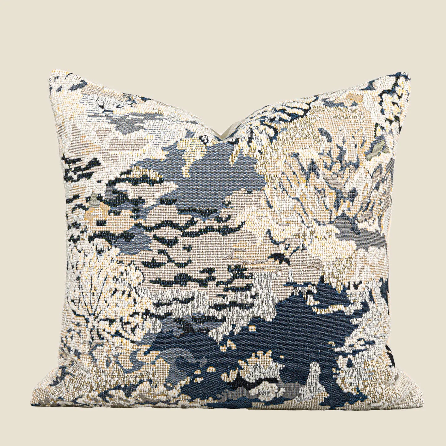 Antique blue abstract floral decorative cushion on wool blend fabric in square and waist sizes.