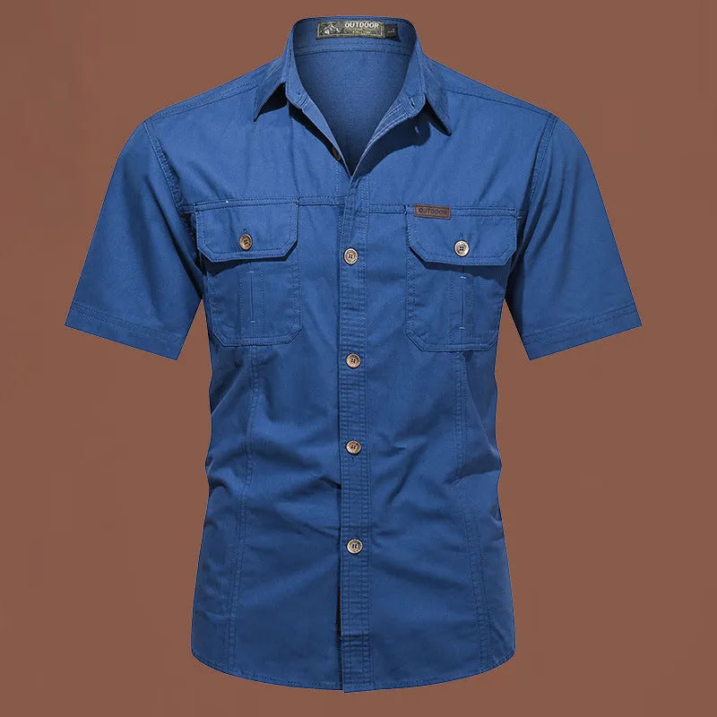 Men's loose fit cotton short sleeve work shirt in army green with non-iron treatment