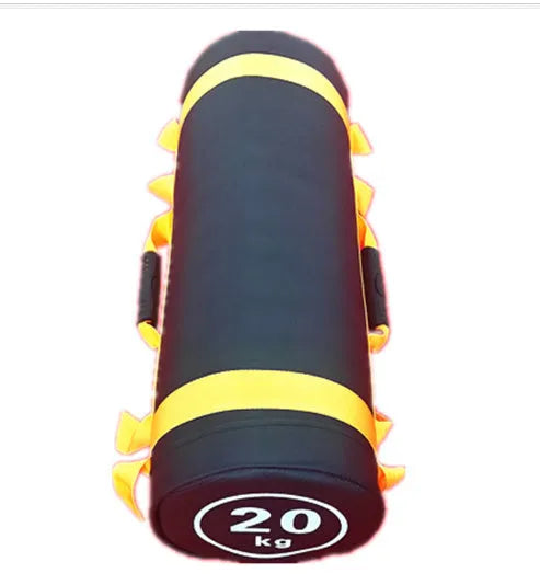 Flat white PVC fitness training sandbag for weight lifting and conditioning exercises.