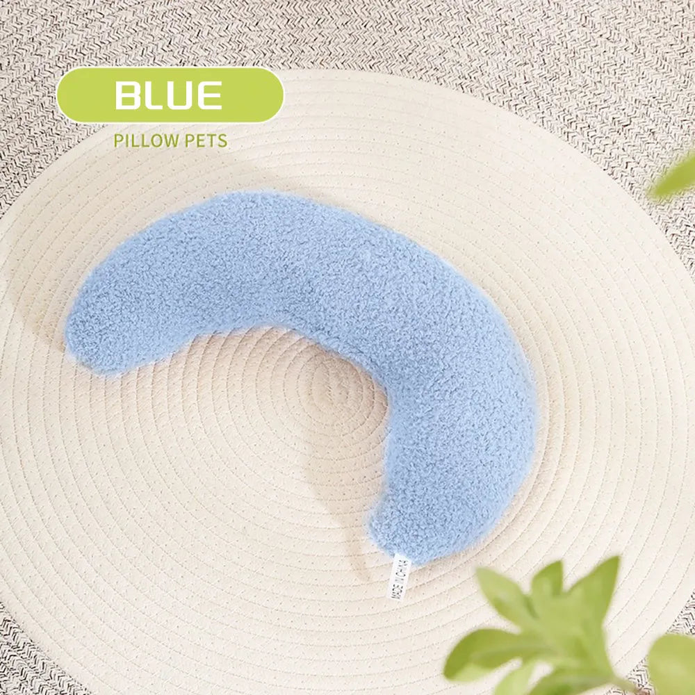 U-shaped blue cat pillow with adjustable fabric collar for pet neck support