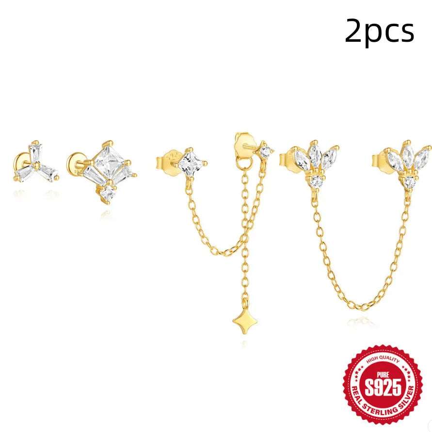 S925 sterling silver geometric earrings with inlaid zircon stones in golden colour variations
