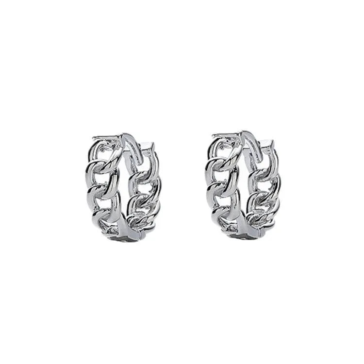 Men's silver-toned geometric copper earrings for hip hop style, shown in 10mm and 14mm sizes.