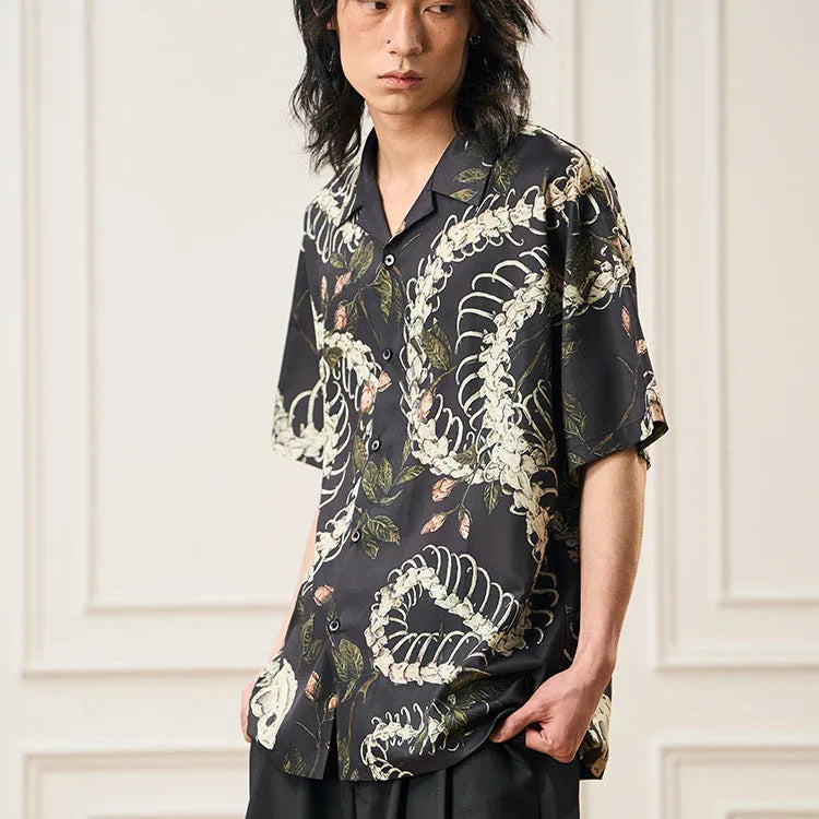 Men's snake bone pattern printed loose Cuban collar short sleeve shirt in colour options.