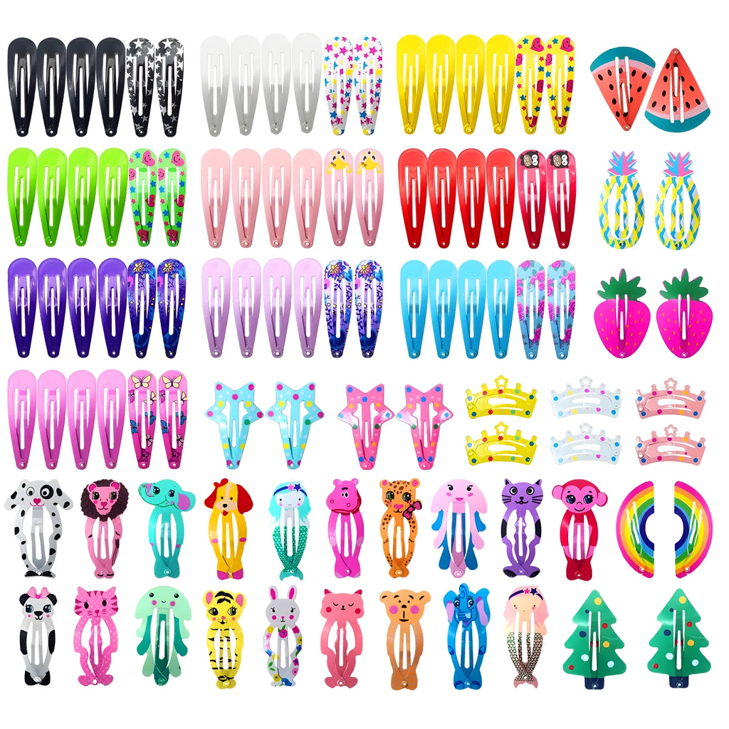 Assortment of 100 candy-coloured metal snap hair clips showing drops, animals, crowns, stars, and fruit shapes.