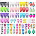 Assortment of 100 candy-coloured metal snap hair clips showing drops, animals, crowns, stars, and fruit shapes.