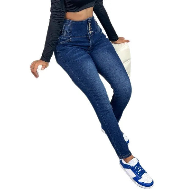 Dark blue denim women's trousers with breasted button front and straight-leg cut