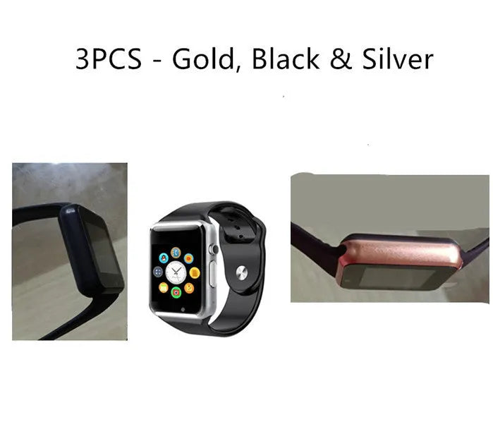 A1 Smart Watch with touchscreen display showing interface, available in multiple colours including black, silver, blue