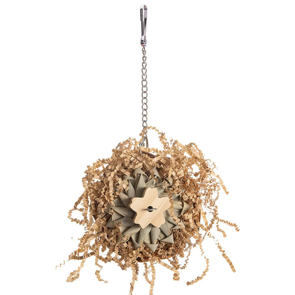 Parrot gnawing molar chew toy with wooden beads, rope, and metal bells in three configuration options
