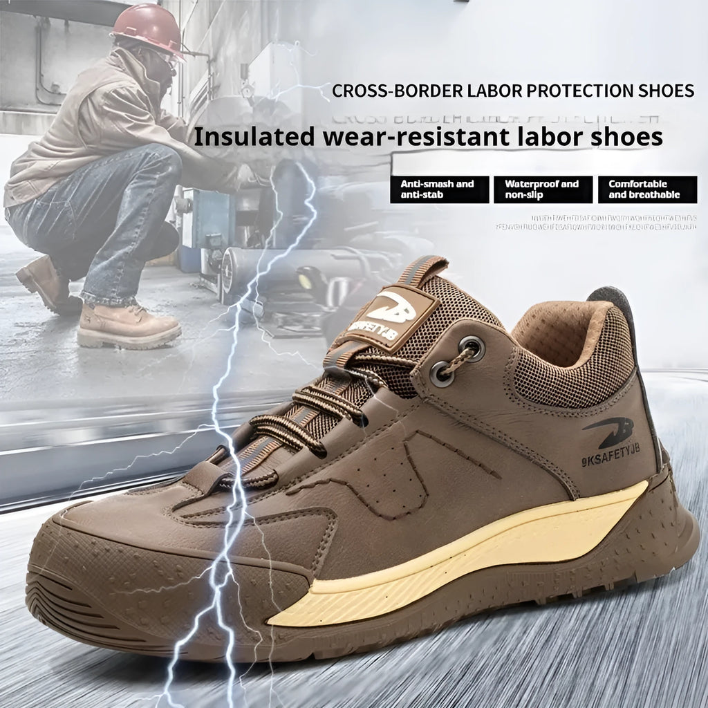 Flyknit safety work shoes with leather upper and rubber sole in black, khaki, gray, or insulated brown options