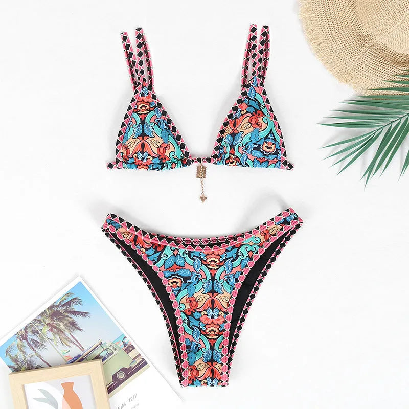 Retro patterned women's bikini swimwear in polyester fabric with four colour options