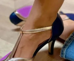Women's round toe high heel shoes with a button fastening, shown in Light Blue Pink, Blue Rose Red, and Wine Red Black colour options.