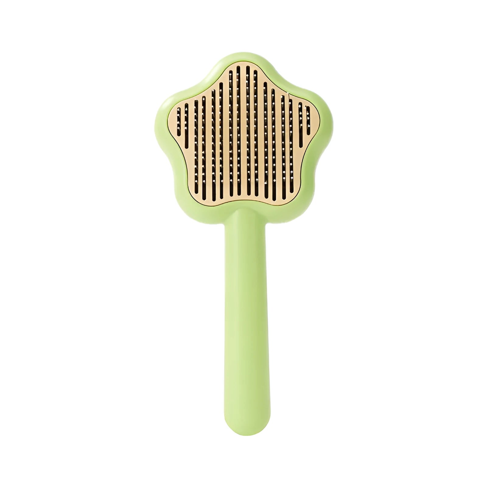Self-cleaning stainless steel cat comb magic wand measuring 20cm with green or yellow colour options
