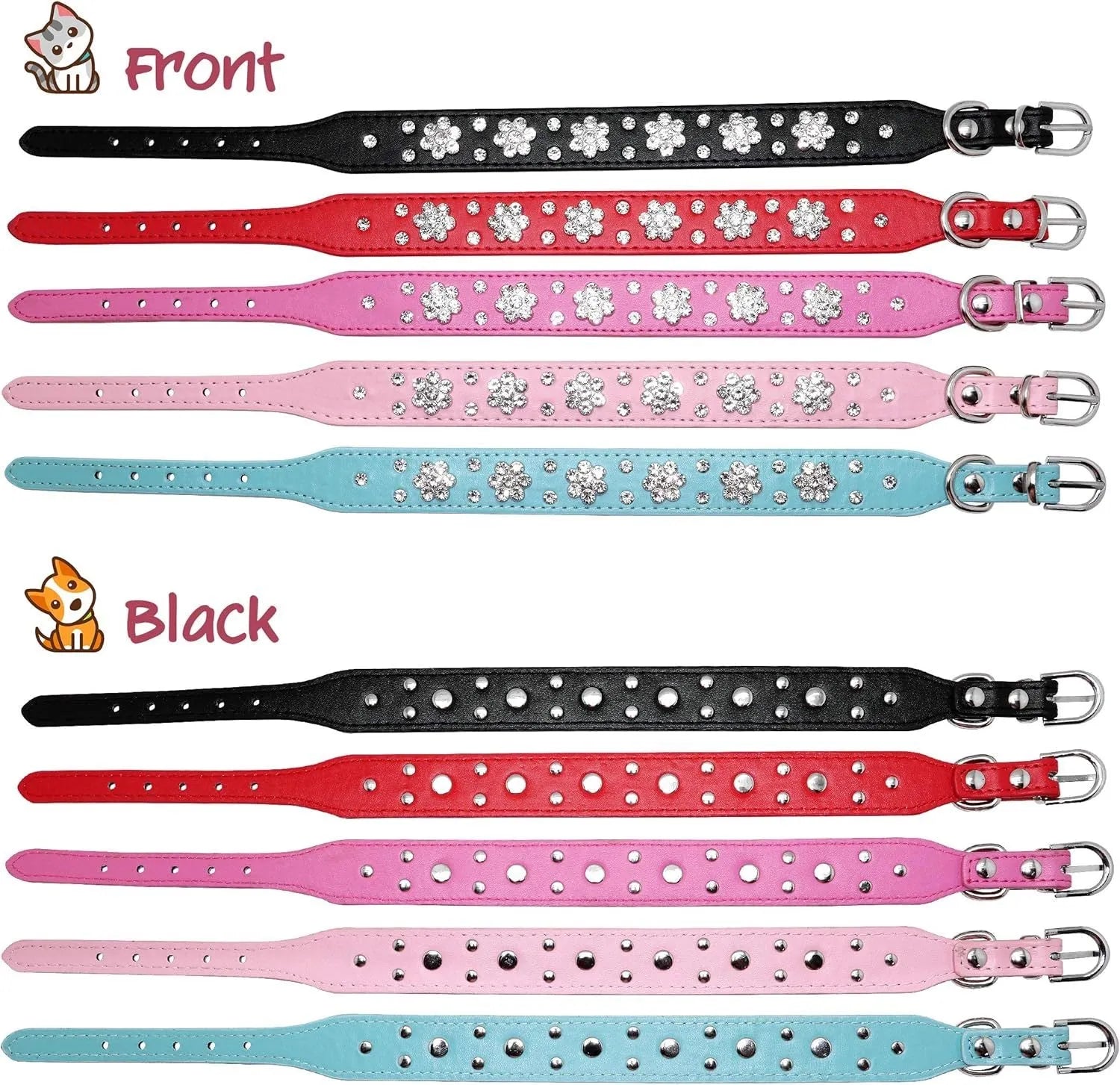Black PU leather dog collar with silver rhinestone flower pattern and studs, shown on a small dog.