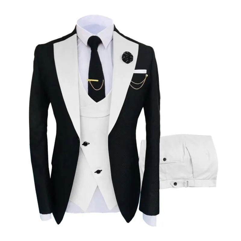 Men's slim fit cotton business suit set showing coat vest trousers