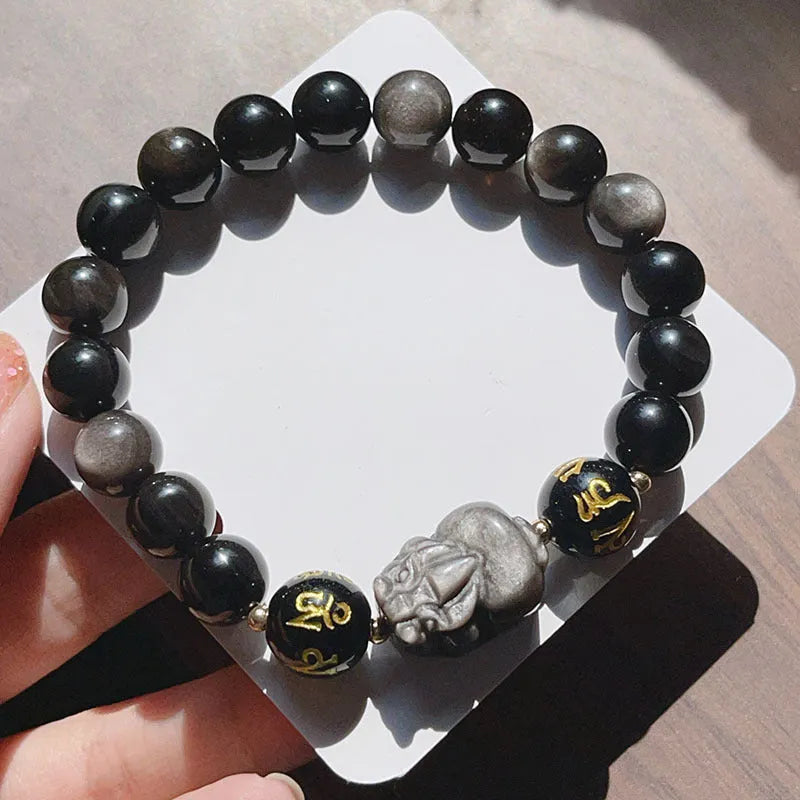 Men's silverstone bracelet with Chinese zodiac and proverb beading in 956 colour