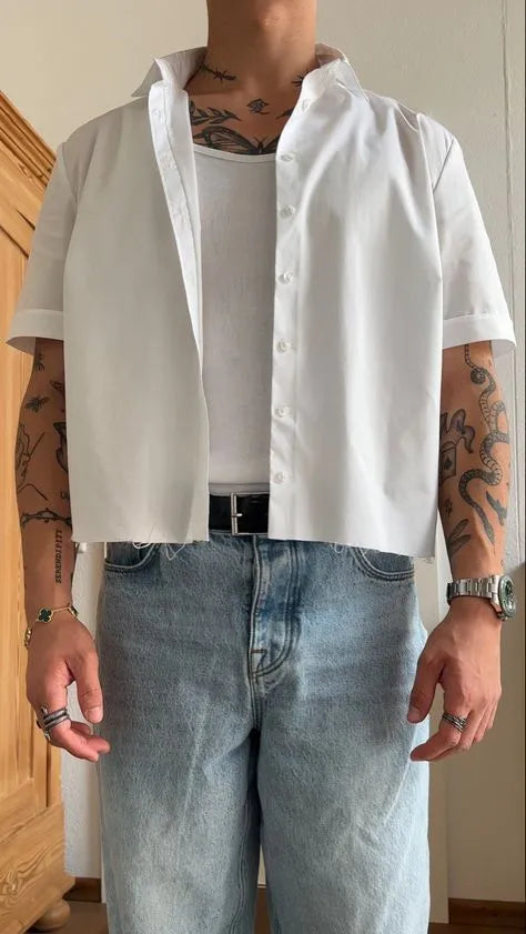 White polyester men's short sleeve shirt with plain design and cropped top length