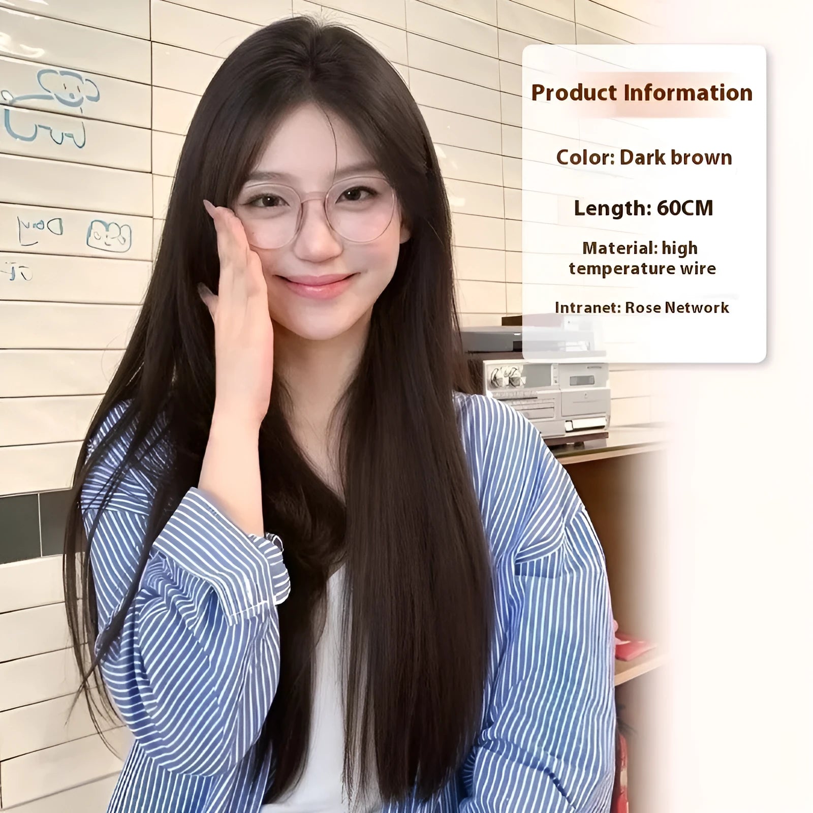 Natural black straight forehead lace wig with styling accessories displayed on bracket