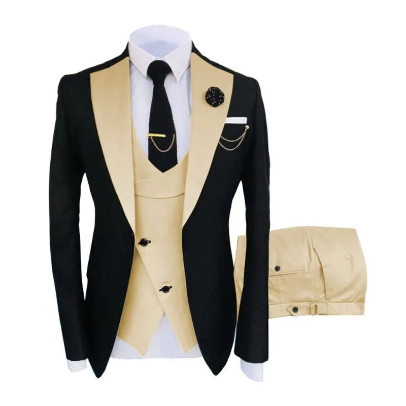 Men's slim fit cotton business suit set showing coat vest trousers
