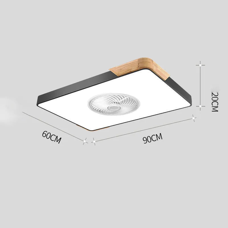Nordic-style ceiling fan light with solid wood blades, shown in rectangular, round, and square shape options.