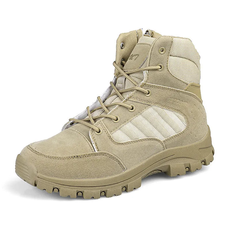 Men's black high-top hiking boots with metal eyelets and a PU leather upper.