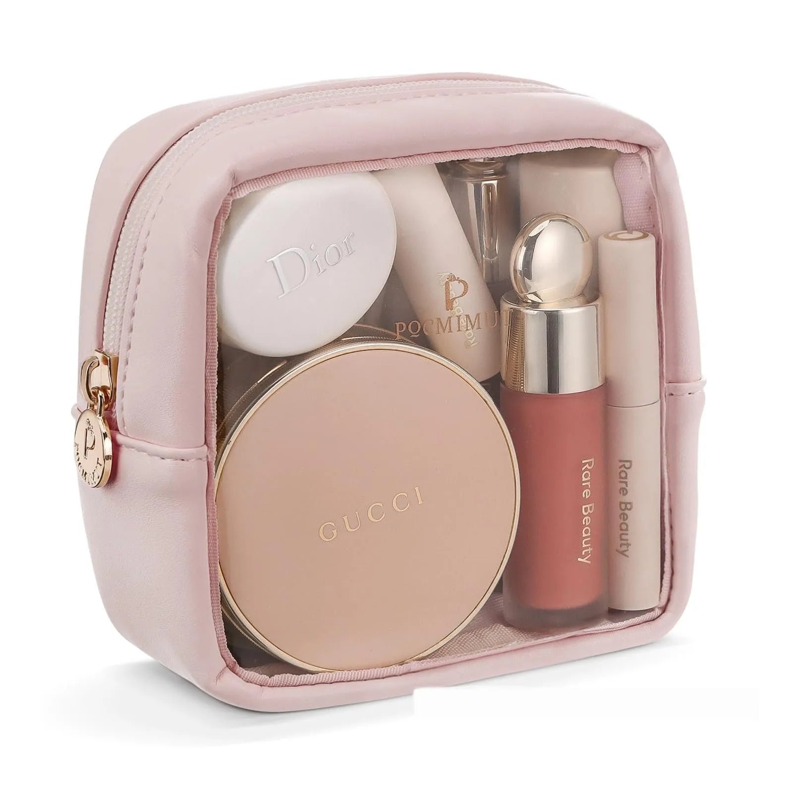 Transparent PVC leather cosmetic bag showing interior organisation and dry wet separation compartments.
