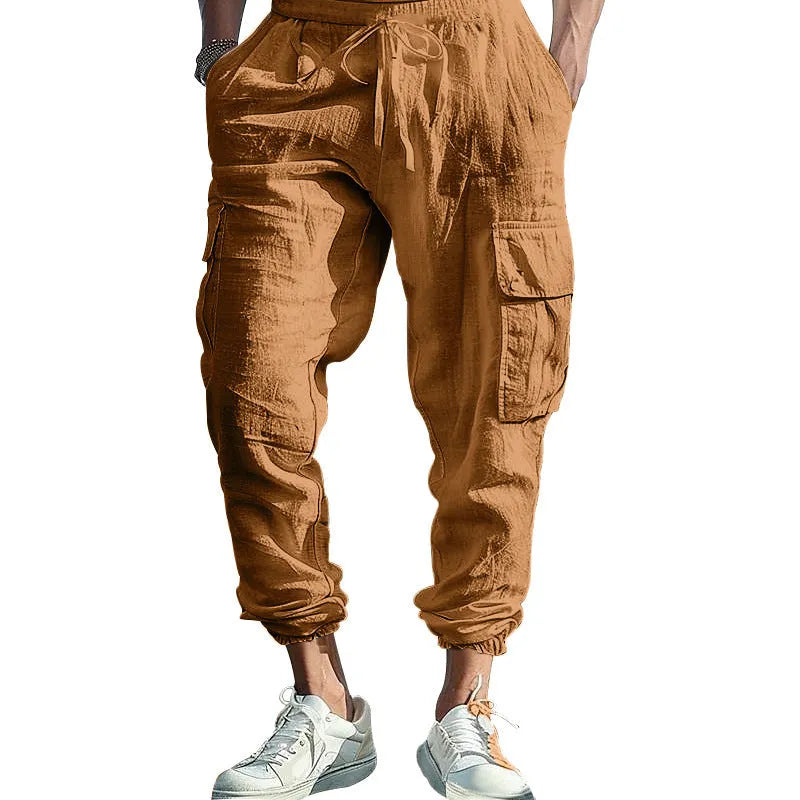 Men's linen casual trousers with ankle-tied design and multiple pockets in army green colour.