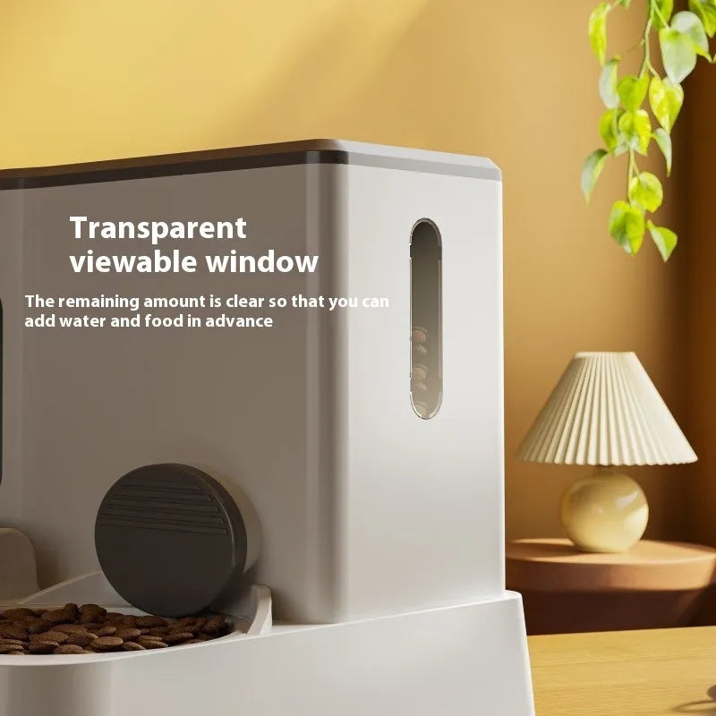 Grey automatic cat feeder and water dispenser unit with integrated double bowls