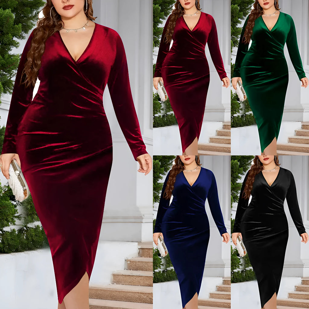 Women's V-neck long sleeve polyester dress on a hanger, available in red, green, blue, and black.