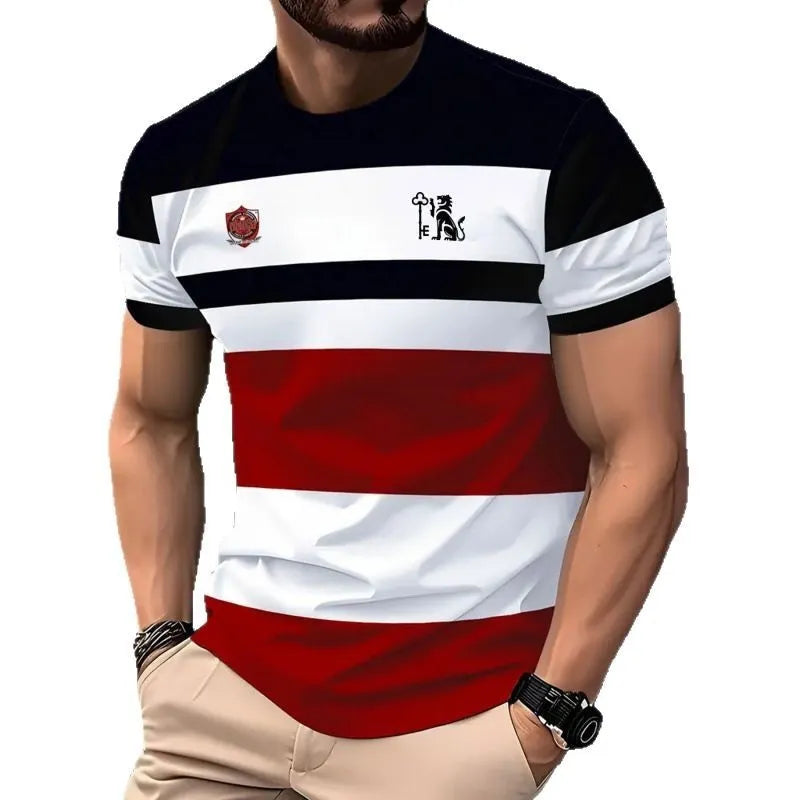 Men's loose fit short sleeve T-shirt with digital 3D printed stripe pattern in polyester fabric