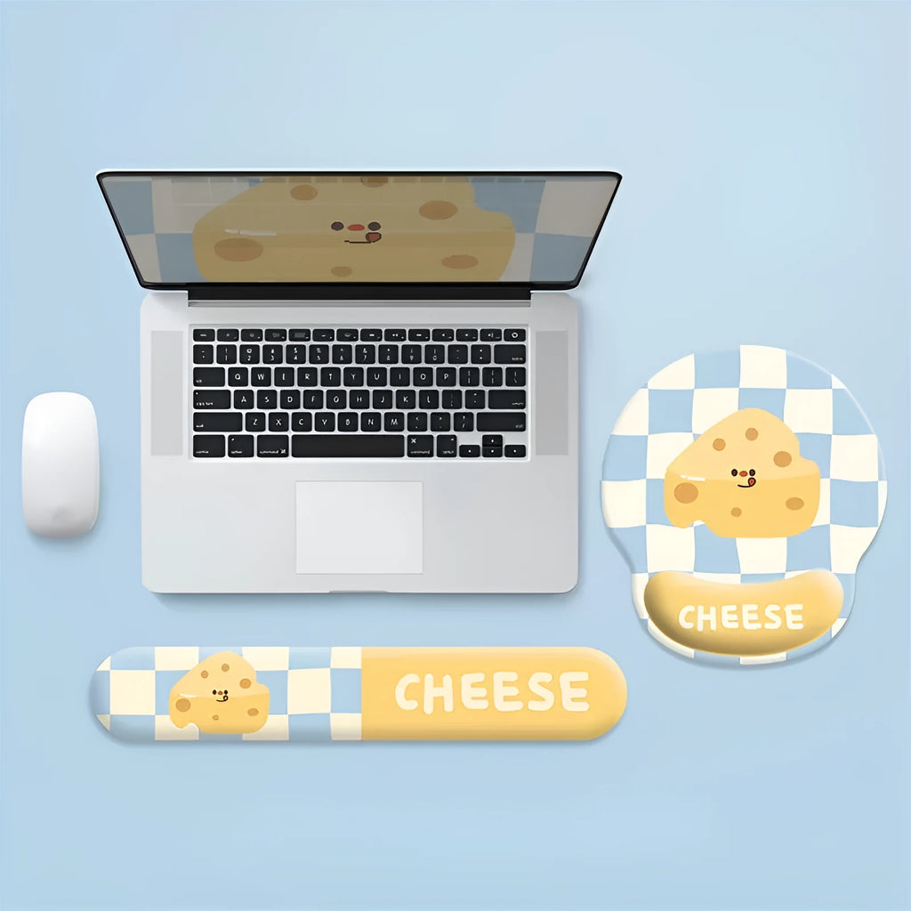 Cartoon cheese mouse pad with wrist strap on rubber base with milk silk fabric surface