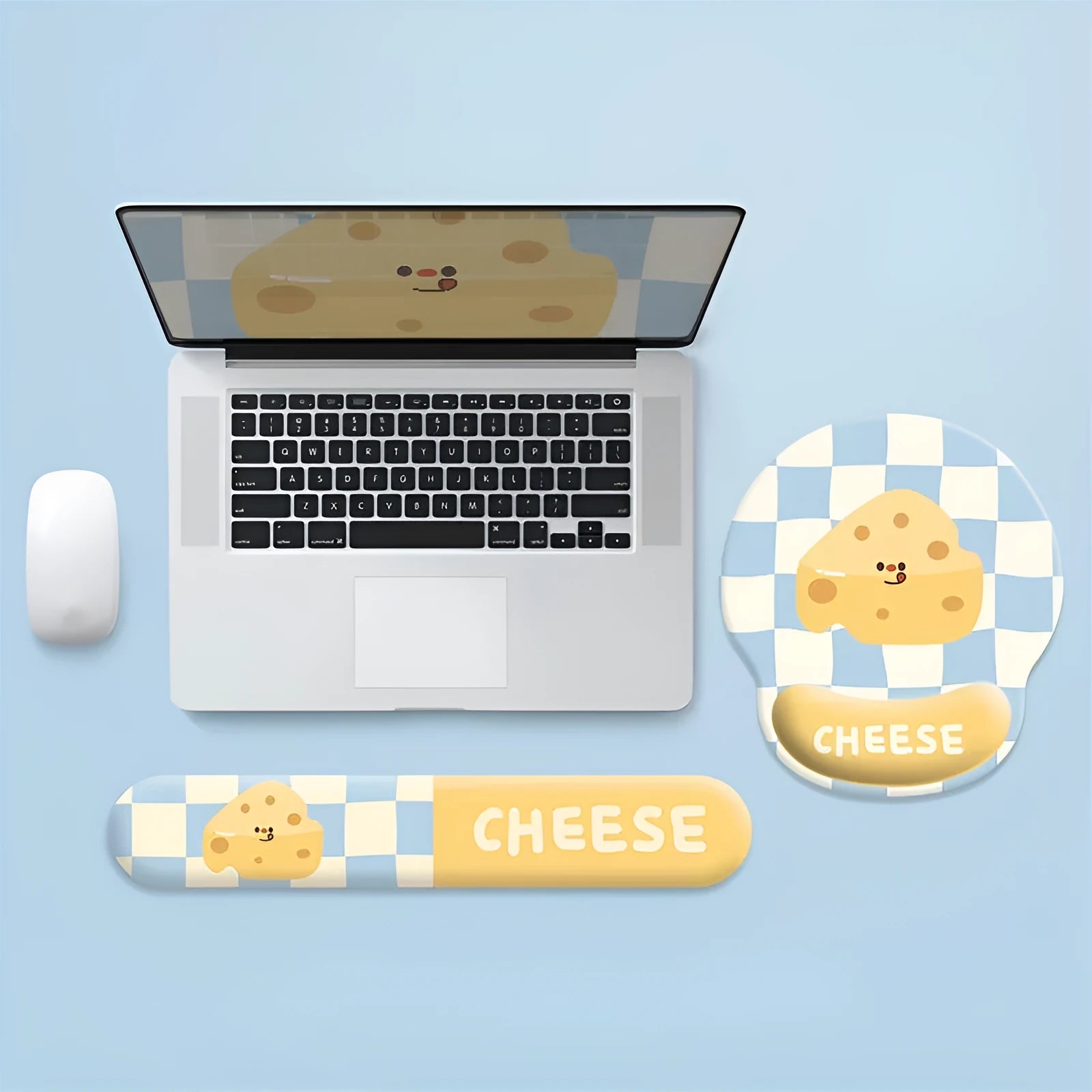 Cartoon cheese mouse pad with wrist strap on rubber base with milk silk fabric surface