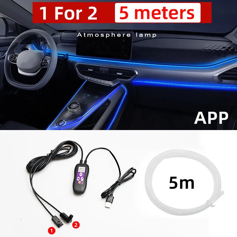 Car interior with colour-changing LED atmosphere lighting installed along dashboard and centre console