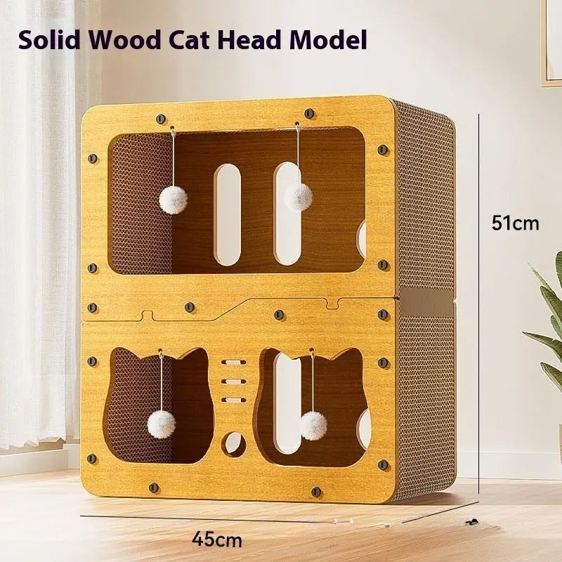 Double layer cat scratching board and bed with removable cushion in owl design style