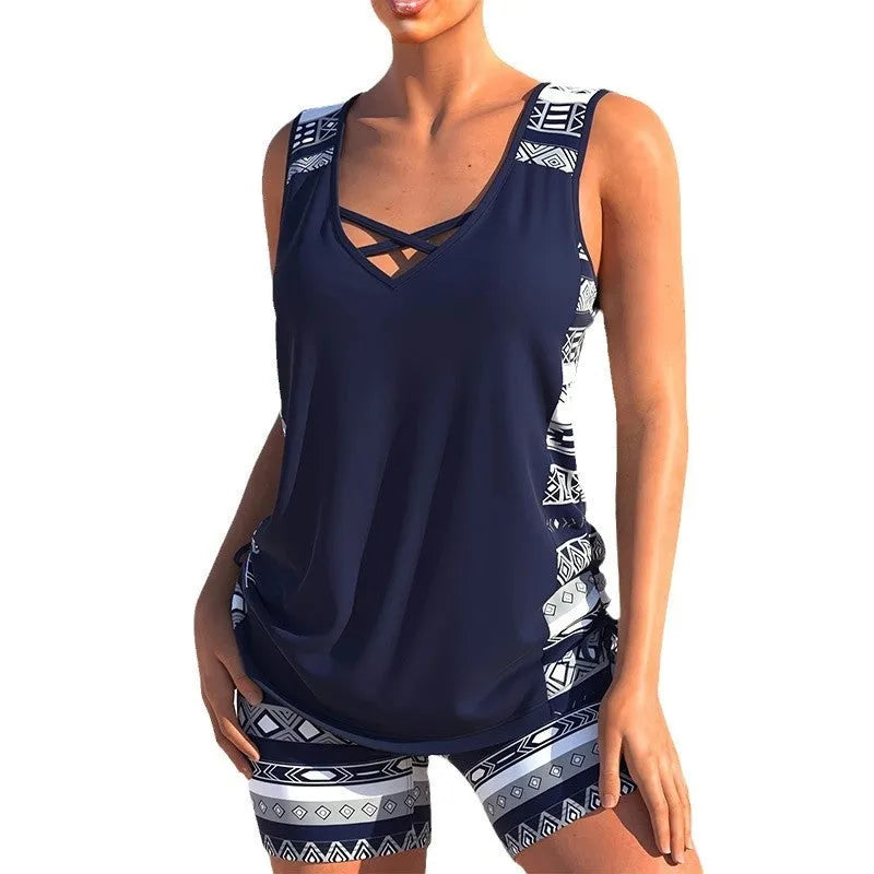 Women's sports hollow conservative split swimsuit in polyester sleeveless briefs style shown on white background
