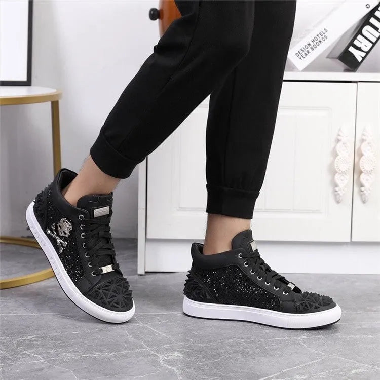 Men's black leather high top skeleton shoes with lace-up closure and rubber sole