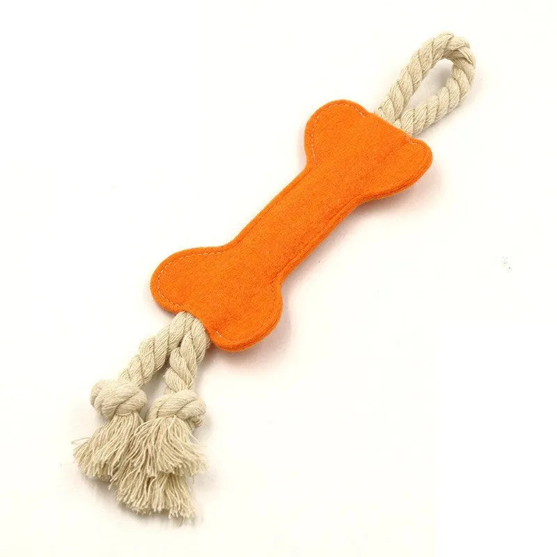 Bone-shaped dog chew toy in felt fabric with rope detailing, shown in various colours