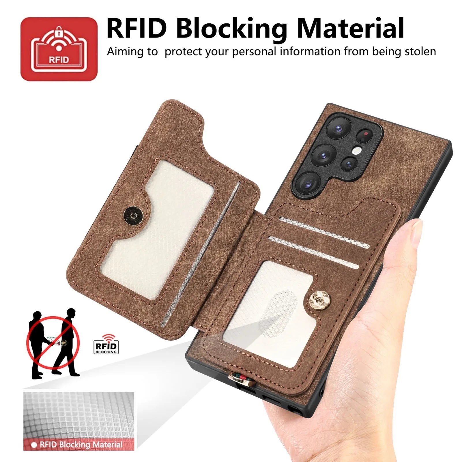 Dark brown PU Samsung phone case with anti-theft ring lanyard, card holder, and kickstand