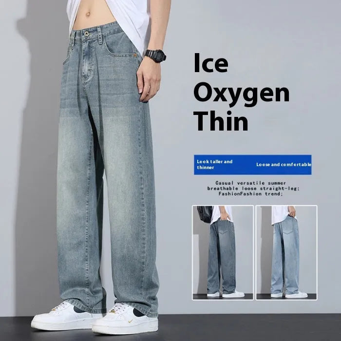 Straight-leg casual trousers in ice silk denim with wide leg fit and zip fly closure