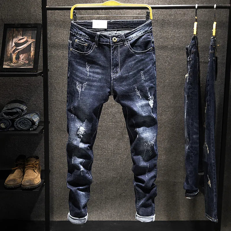Men's slim-fitting skinny jeans in dark blue and light blue with micro-elastic denim fabric