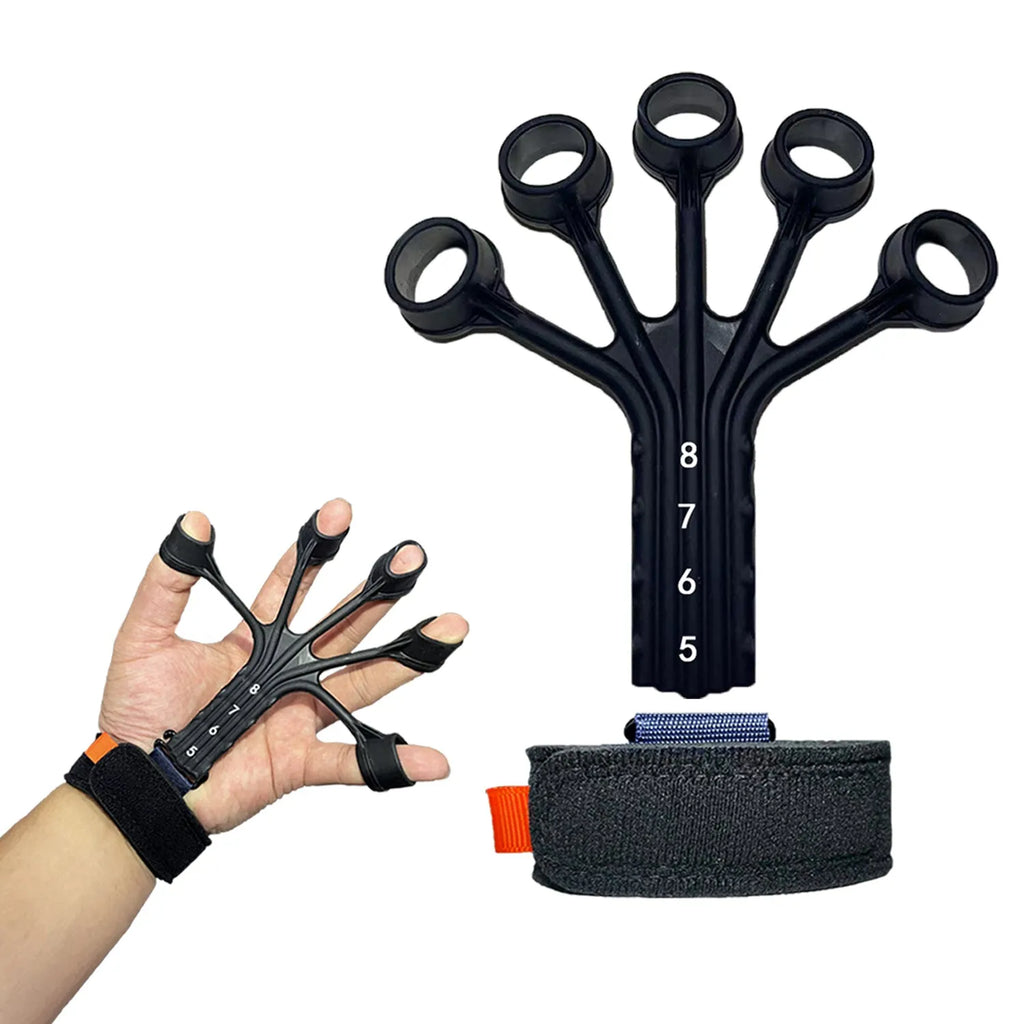 Black and grey silicone finger flexion and extension trainer with adjusting belt for hand rehabilitation.