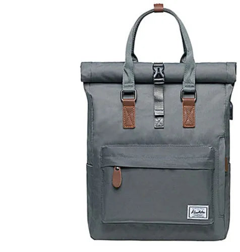 Casual polyester backpack with cover flap open, showing internal laptop pocket and zipper pocket.