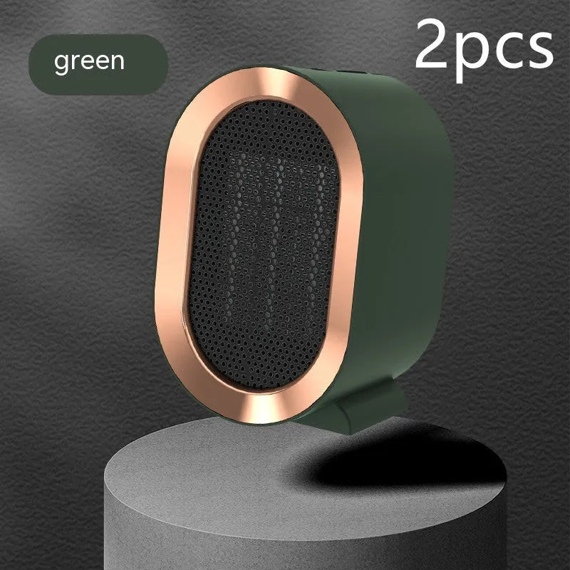 Desktop electric fan heater with a casting shell, showing mechanical dial and available in black, blue, green, or white.