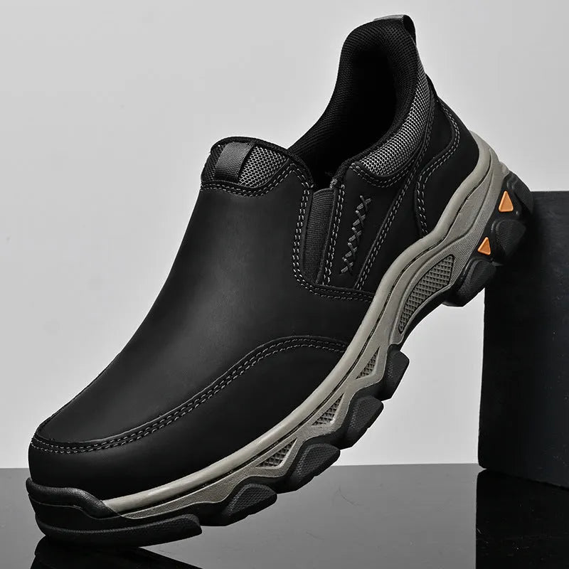 Men's dark brown casual leather-look shoes with round toe and flat rubber sole.