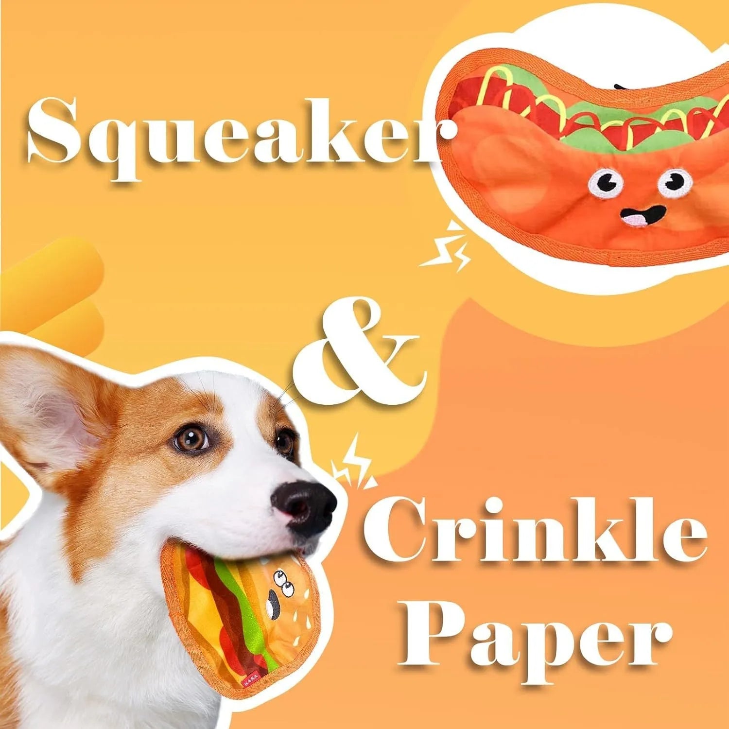 Crinkle and squeaky dog toys in hamburger, fries, hot dog and pizza designs without stuffing