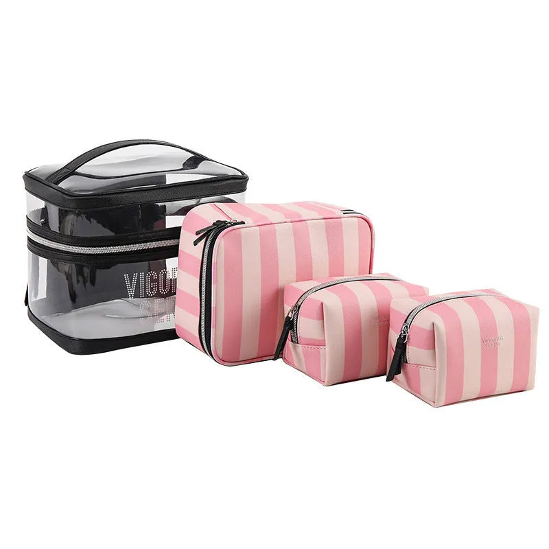 Pink bold stripes pattern professional makeup bag with floral elements and synthetic leather construction