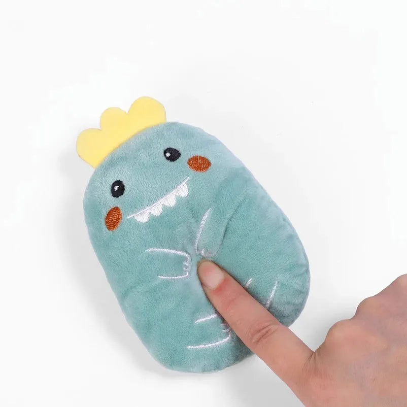 Small plush catnip toy with vocal feature for feline teeth grinding and claw play
